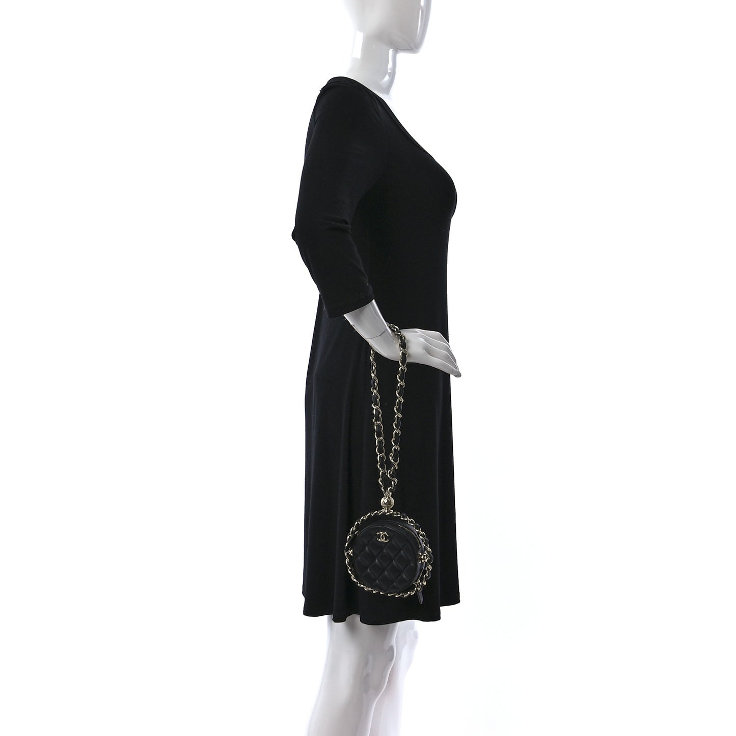Lambskin Quilted Chain Round Clutch Black