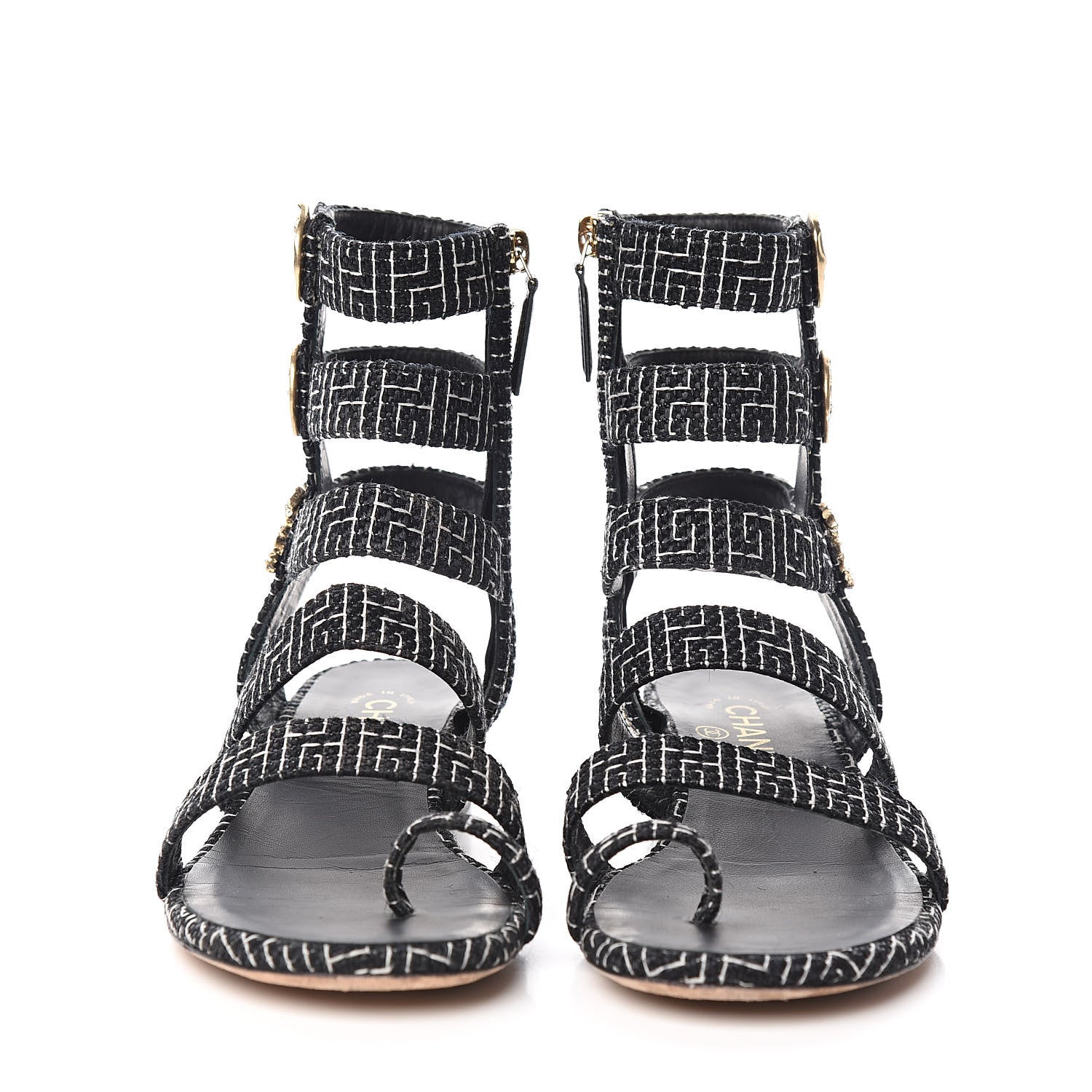 Chanel Tweed Medallion Gladiator Sandals 38.5 Black 2 of 11