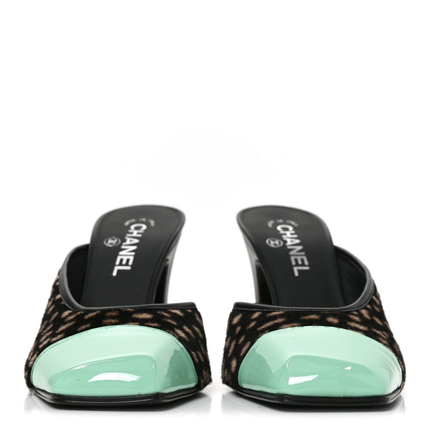 Pony Hair Lambskin Patent Calfskin Cap Toe Mules 39 Black White Green