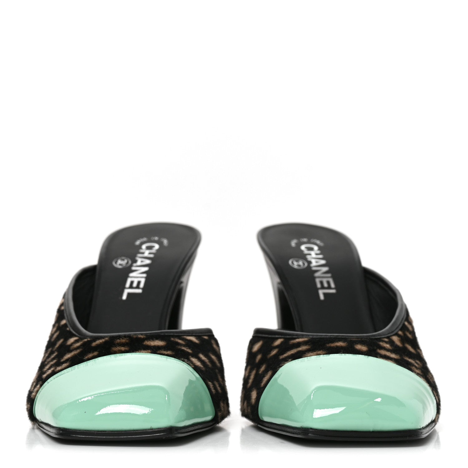 Chanel Pony Hair Lambskin Patent Calfskin Cap Toe Mules 39 Black White Green 2 of 8