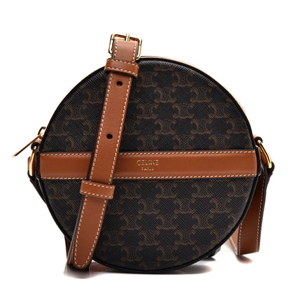 Celine Lambskin Triomphe Canvas Round Purse On Strap Black Tan 1 of 9