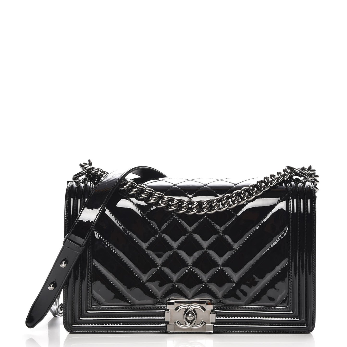 Patent Chevron Quilted New Medium Boy Flap Black