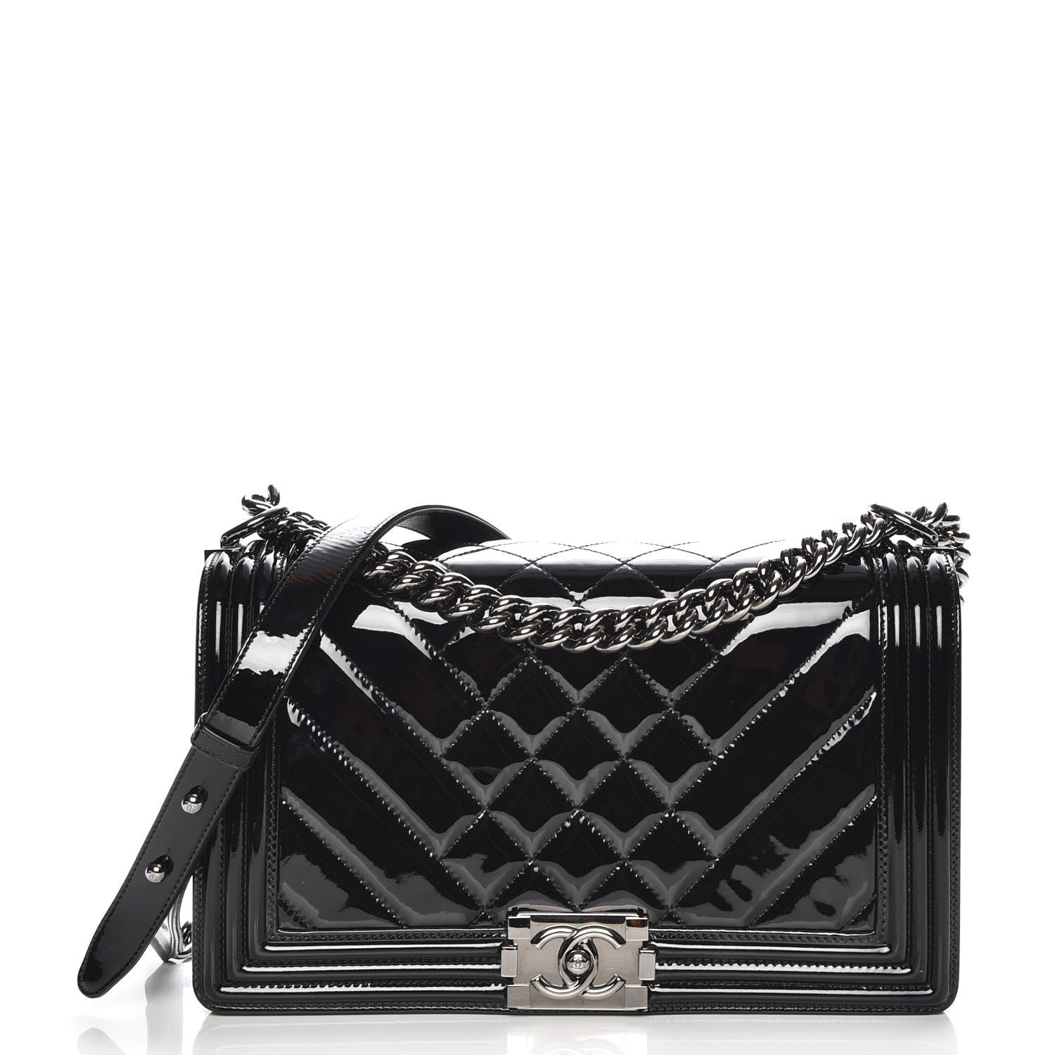 Chanel Patent Chevron Quilted New Medium Boy Flap Black 1 of 7