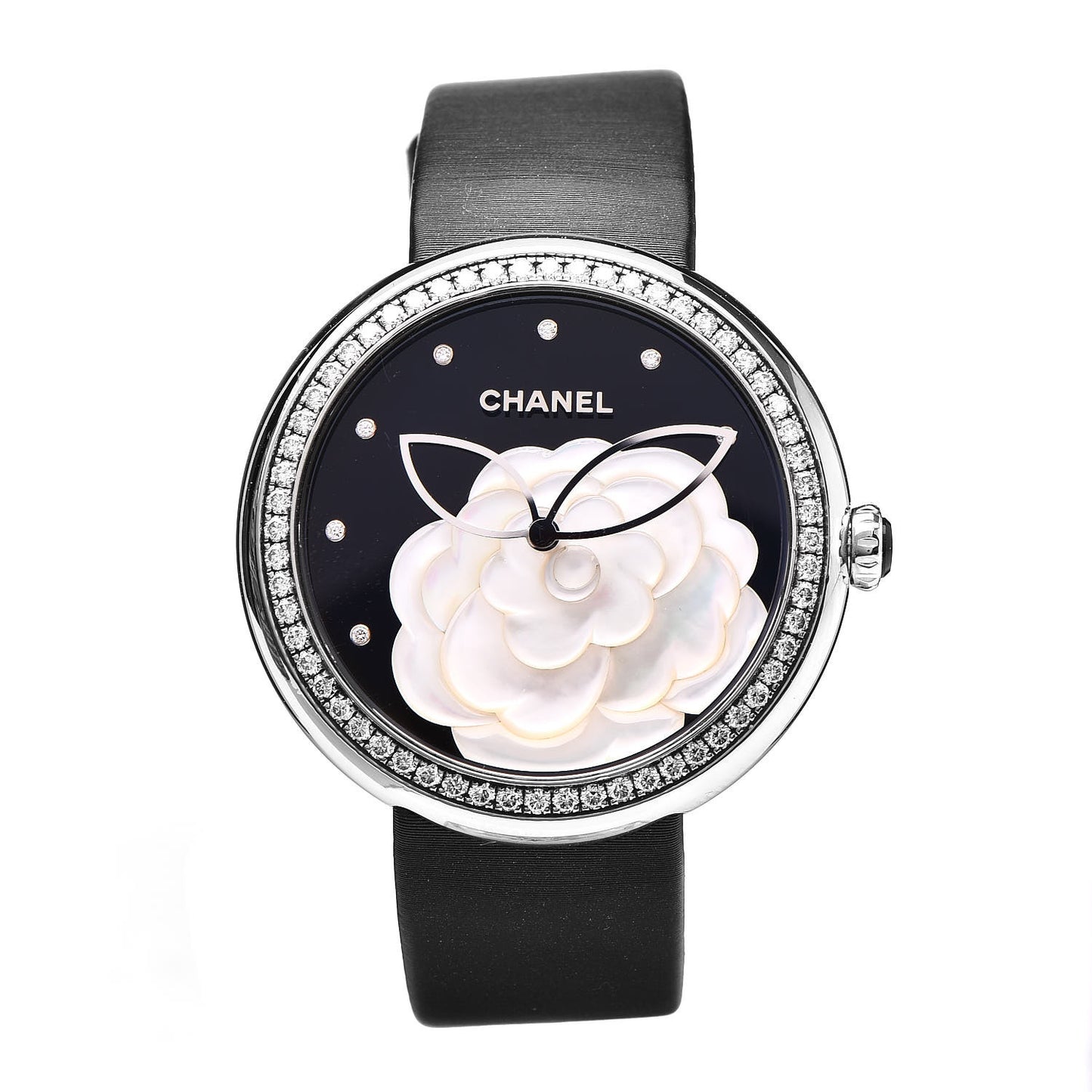 18K White Gold Satin Diamond Bezel Onyx Mother of Pearl 37.5mm Mademoiselle Prive Quartz Watch Black