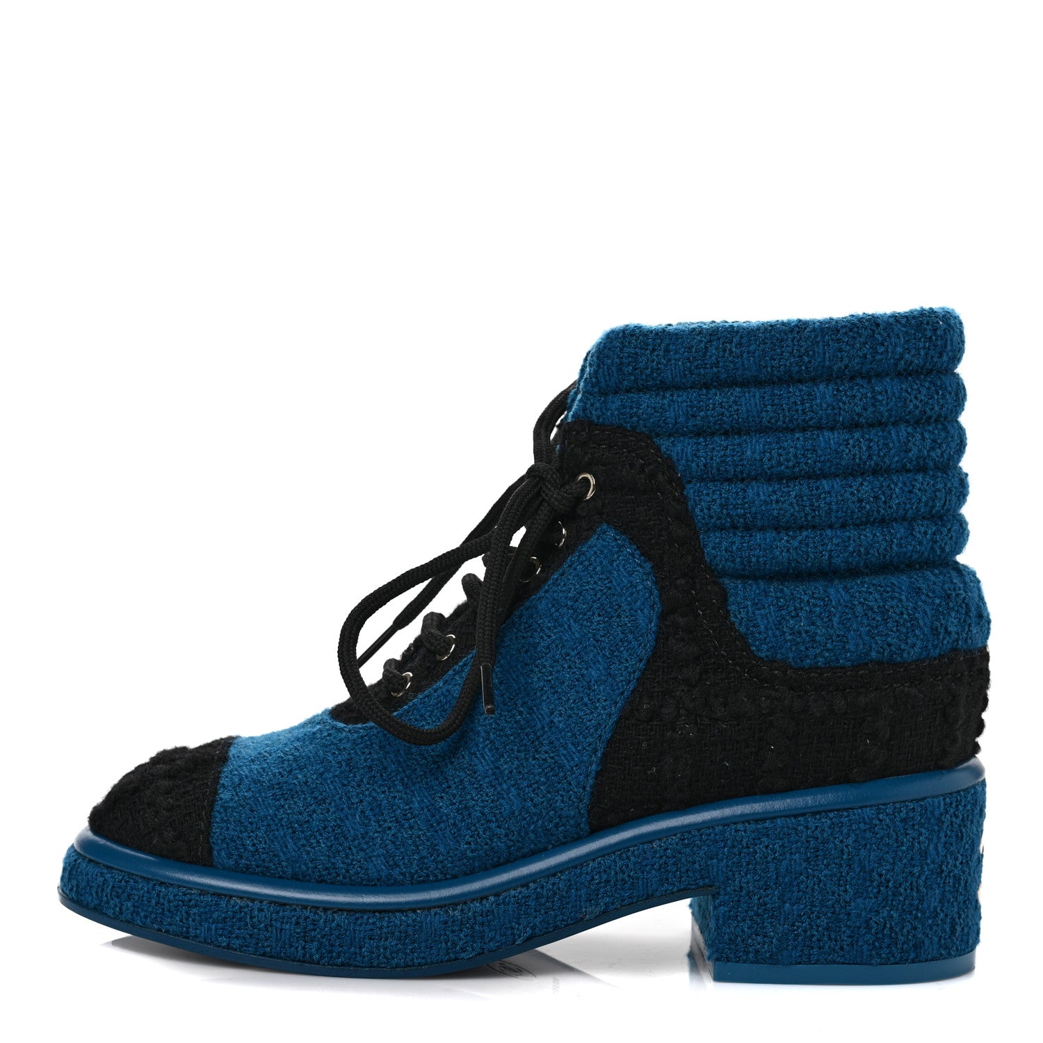 Chanel Tweed CC Lace Up Boots 36 Black Turquoise 1 of 11