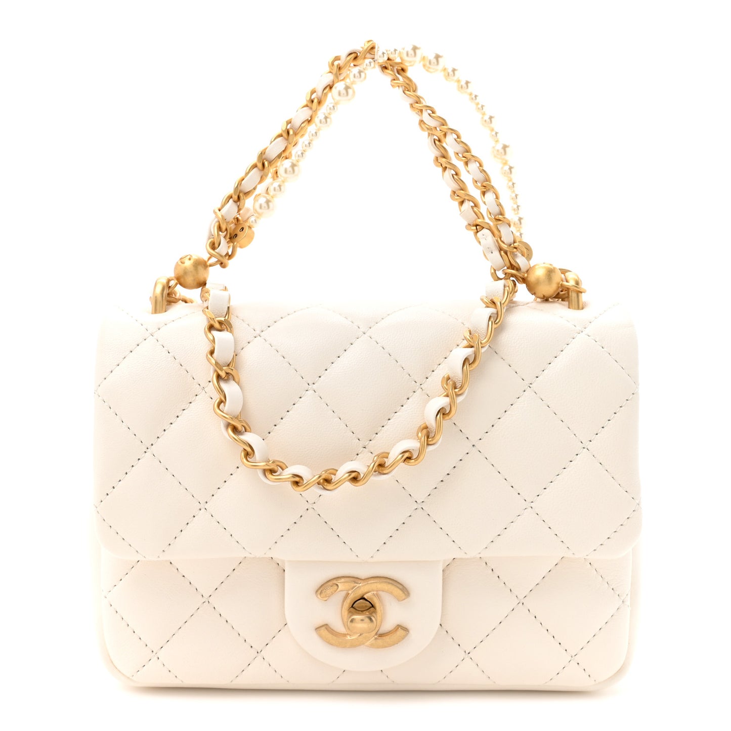 Shiny Lambskin Quilted Pearl Twist Mini Square Flap White