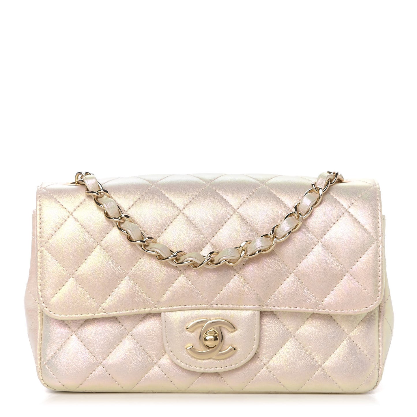 Iridescent Calfskin Quilted Mini Rectangular Flap Ivory