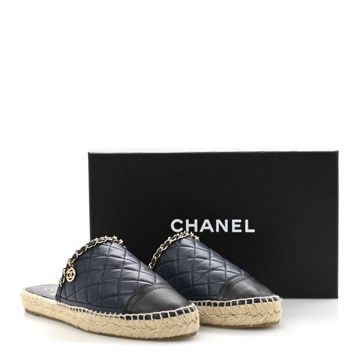 Lambskin Quilted CC Chain Espadrille Mules 38 Navy Black
