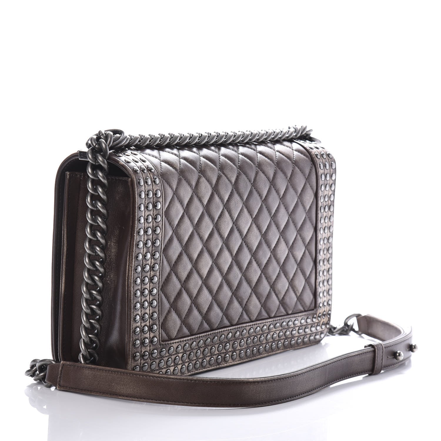 Chanel Faded Calfskin Quilted Large Studded Boy Flap Brown Beige 3 of 11