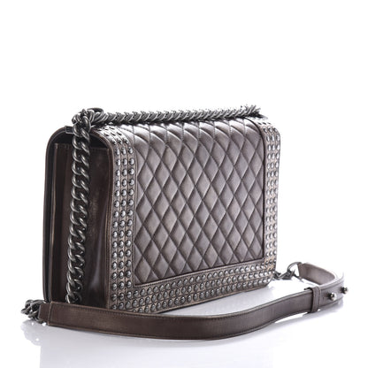 Chanel Faded Calfskin Quilted Large Studded Boy Flap Brown Beige 3 of 11