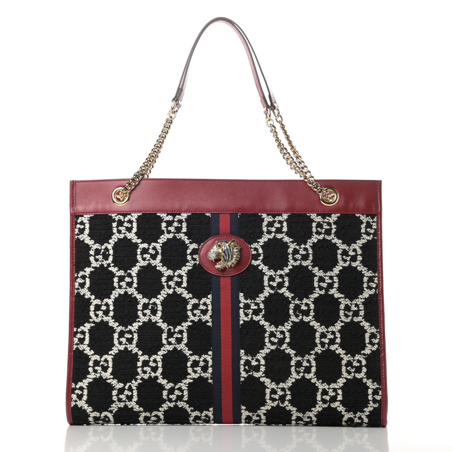 Gucci Tweed GG Monogram Large Rajah Chain Tote Romantic Cherry Black White 3 of 11
