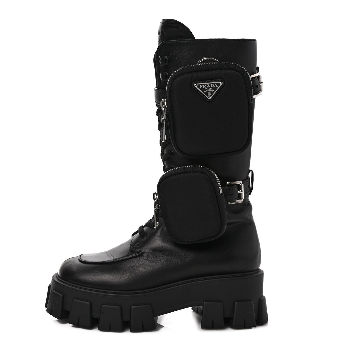 Vitello Lux Nylon Metal Triangle Logo Monolith Pouch Pocket 55mm Tall Combat Boots 37 Black