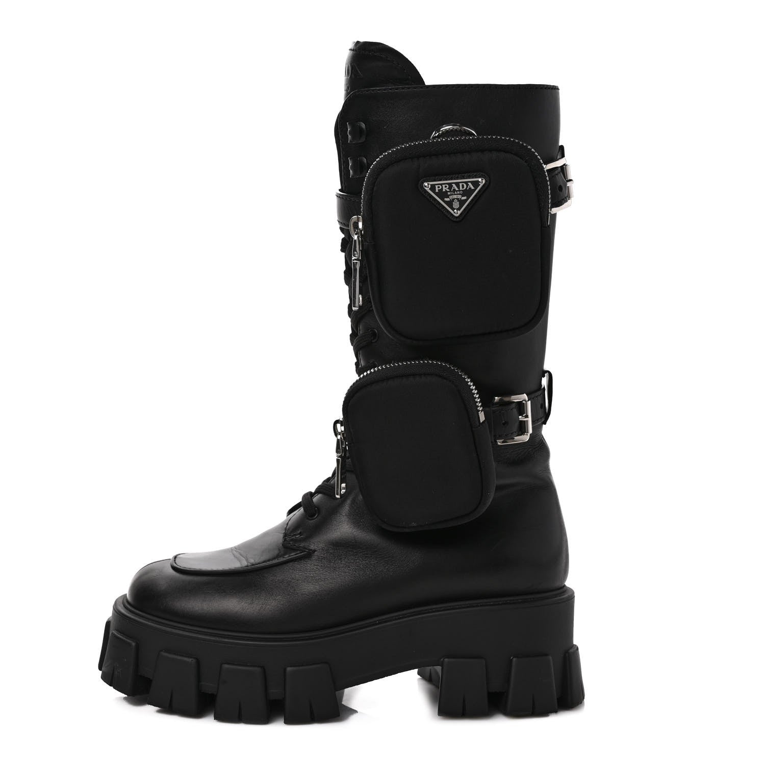 Prada Vitello Lux Nylon Metal Triangle Logo Monolith Pouch Pocket 55mm Tall Combat Boots 37 Black 1 of 10