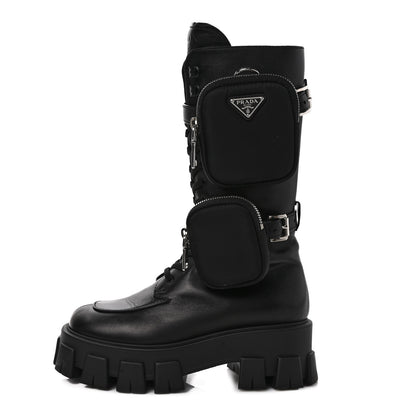 Prada Vitello Lux Nylon Metal Triangle Logo Monolith Pouch Pocket 55mm Tall Combat Boots 37 Black 1 of 10