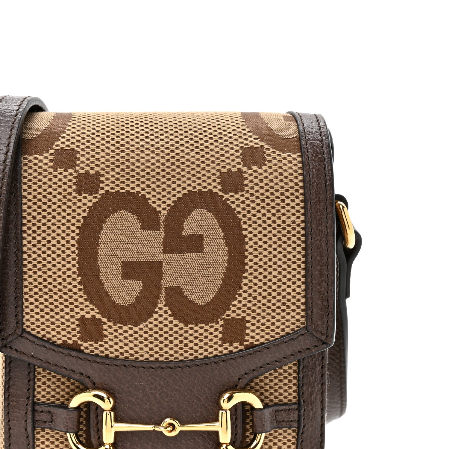 Gucci Monogram Jumbo GG Textured Dollar Calfskin Mini Horsebit 1955 Crossbody Bag Camel Ebony New Acero 8 of 12