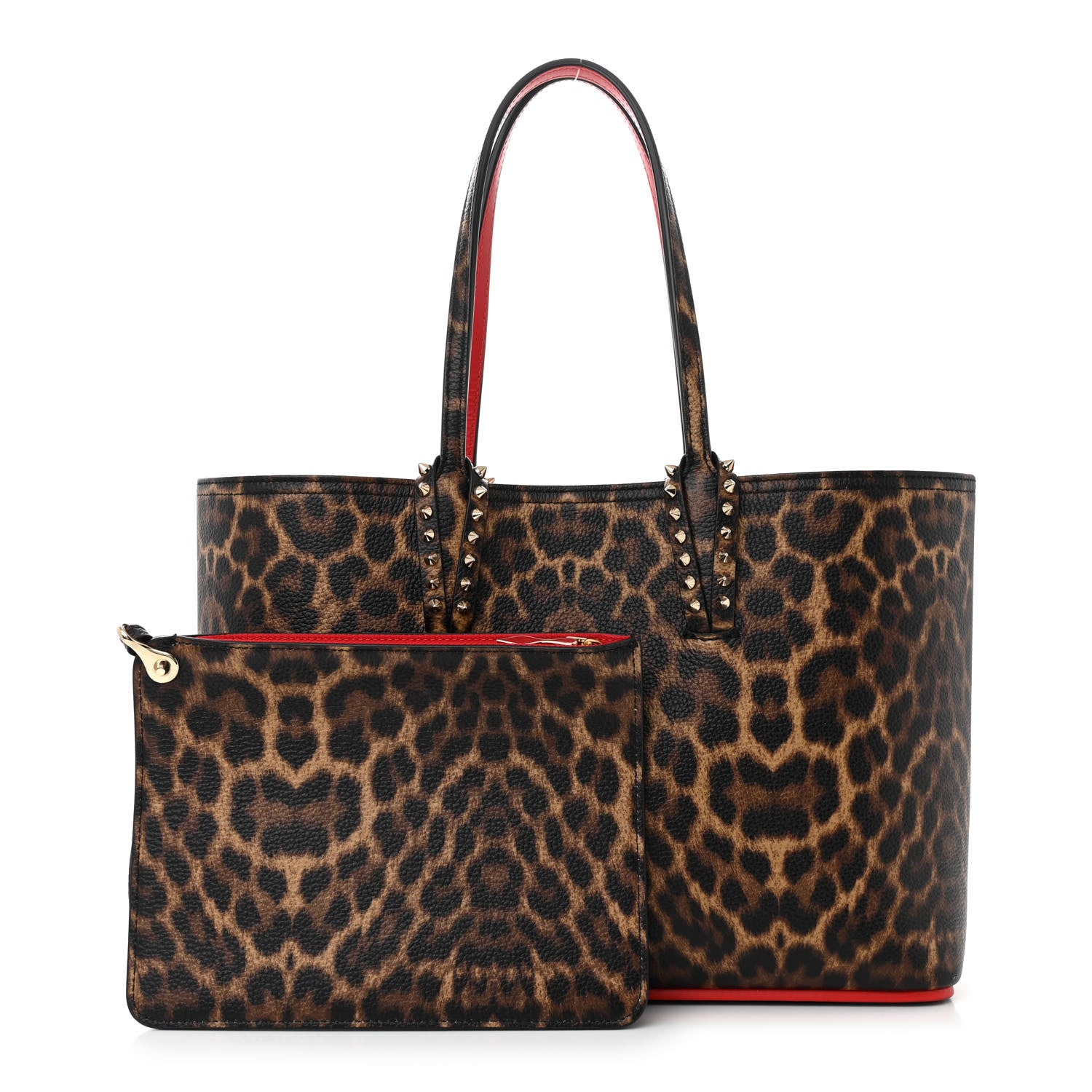 Christian Louboutin Calfskin Leopard Print Spikes Small East West Cabata Tote Brown 3 of 11