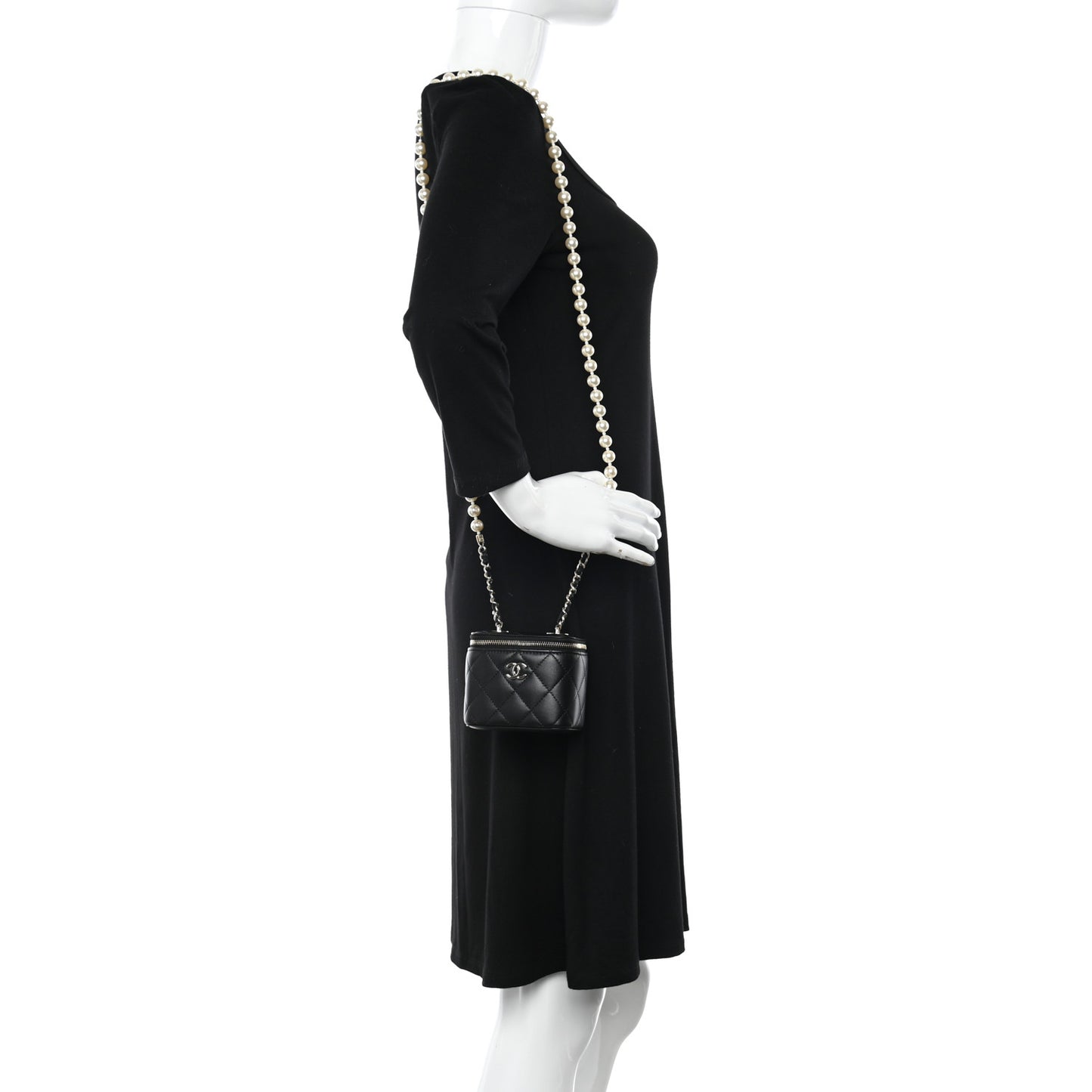 Lambskin Quilted Mini Vanity Case With Pearl Chain Black