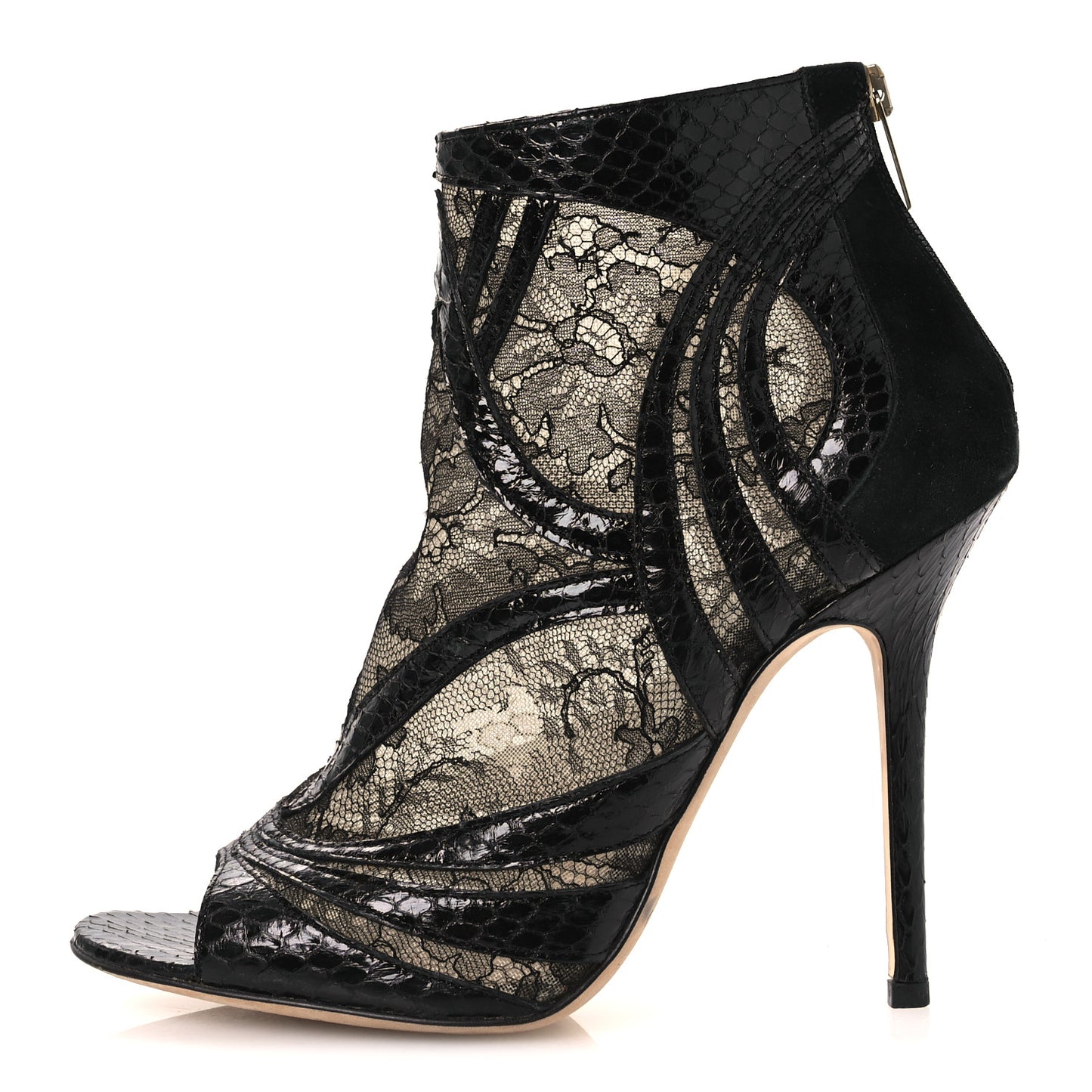 Lace Snake Embossed Mesh Ankle Booties 38.5 Black