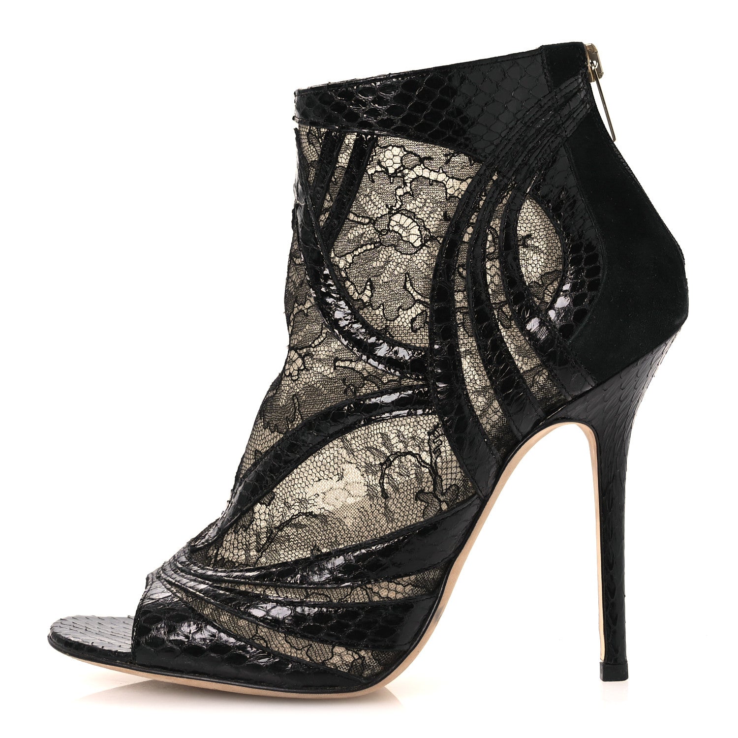 Jimmy Choo Lace Snake Embossed Mesh Ankle Booties 38.5 Black 1 of 13