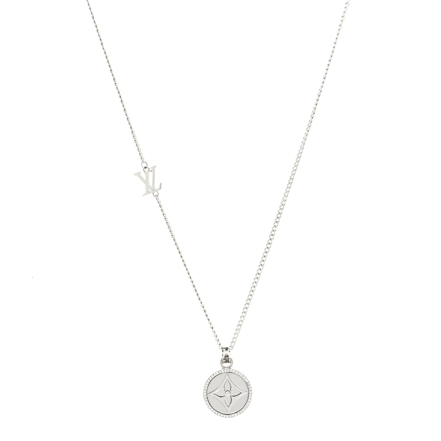 Louis Vuitton Metal Crystal Twisted Flower Pendant Necklace Silver 1 of 7