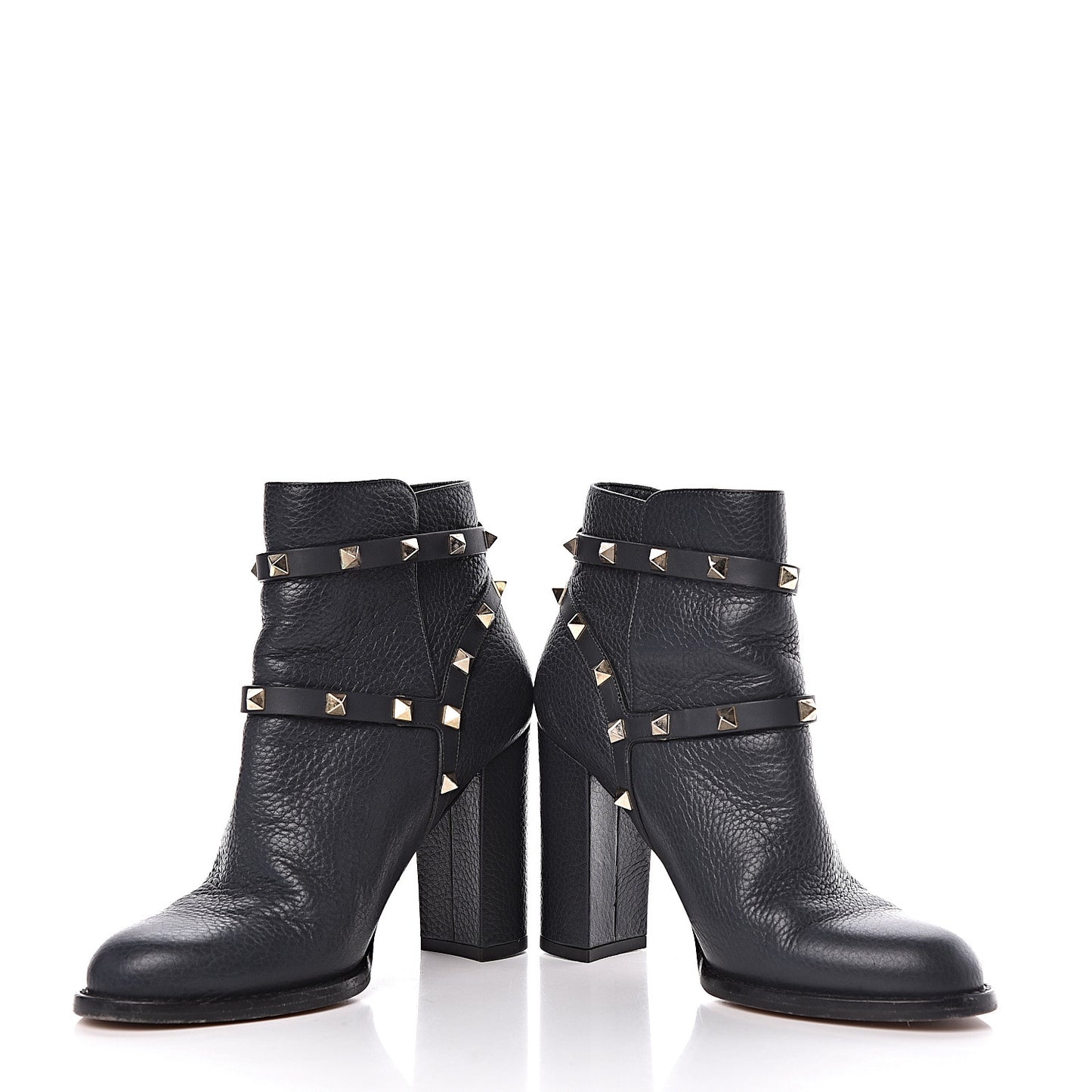 Pebbled Calfskin Rockstud Double Buckle 100mm Block Heel Ankle Boots 36.5 Grey