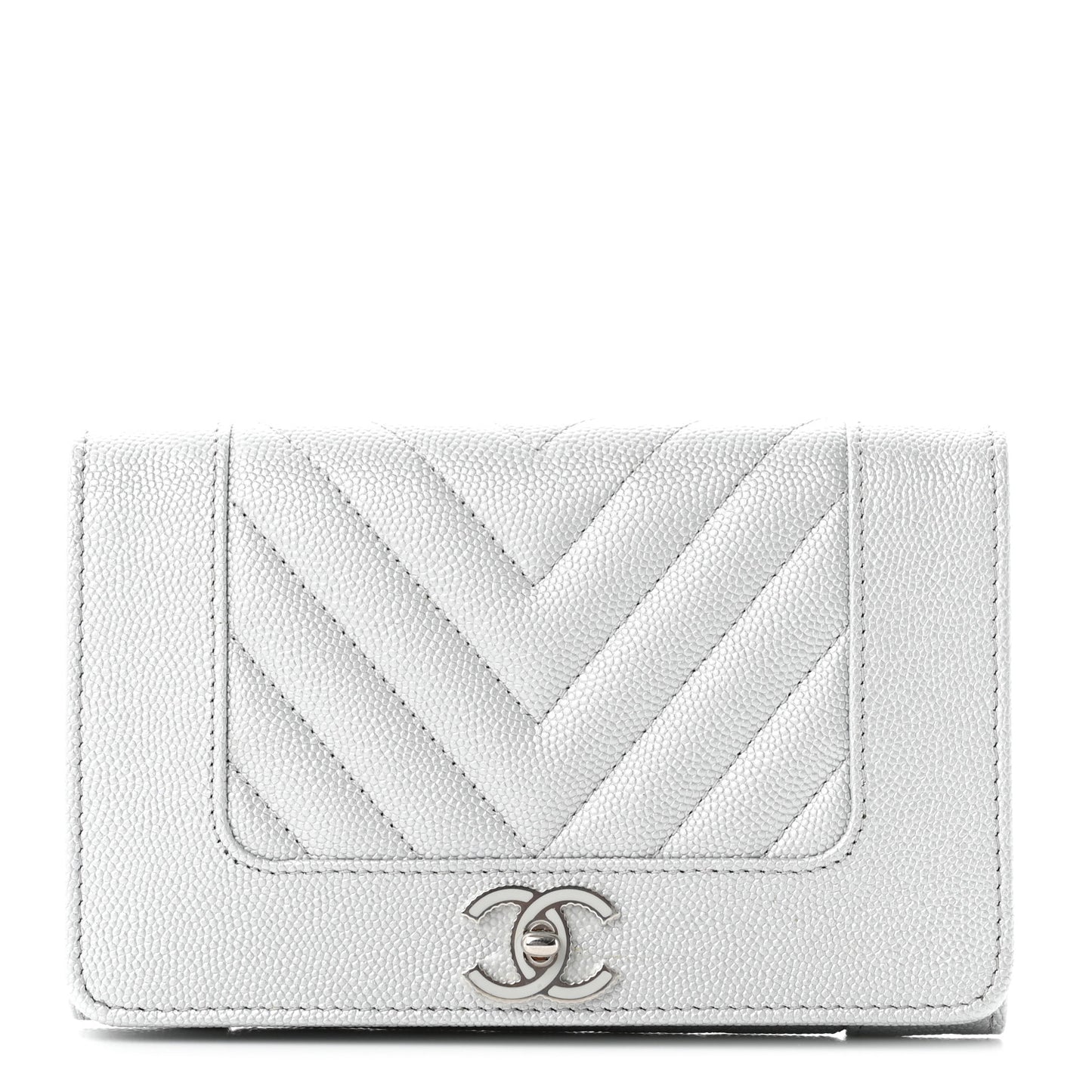 Metallic Caviar Chevron Quilted Mademoiselle Vintage Flap Wallet Silver