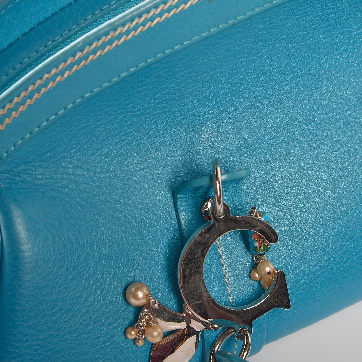 Christian Dior Calfskin Butterfly Pearls Frame Satchel Blue 9 of 11