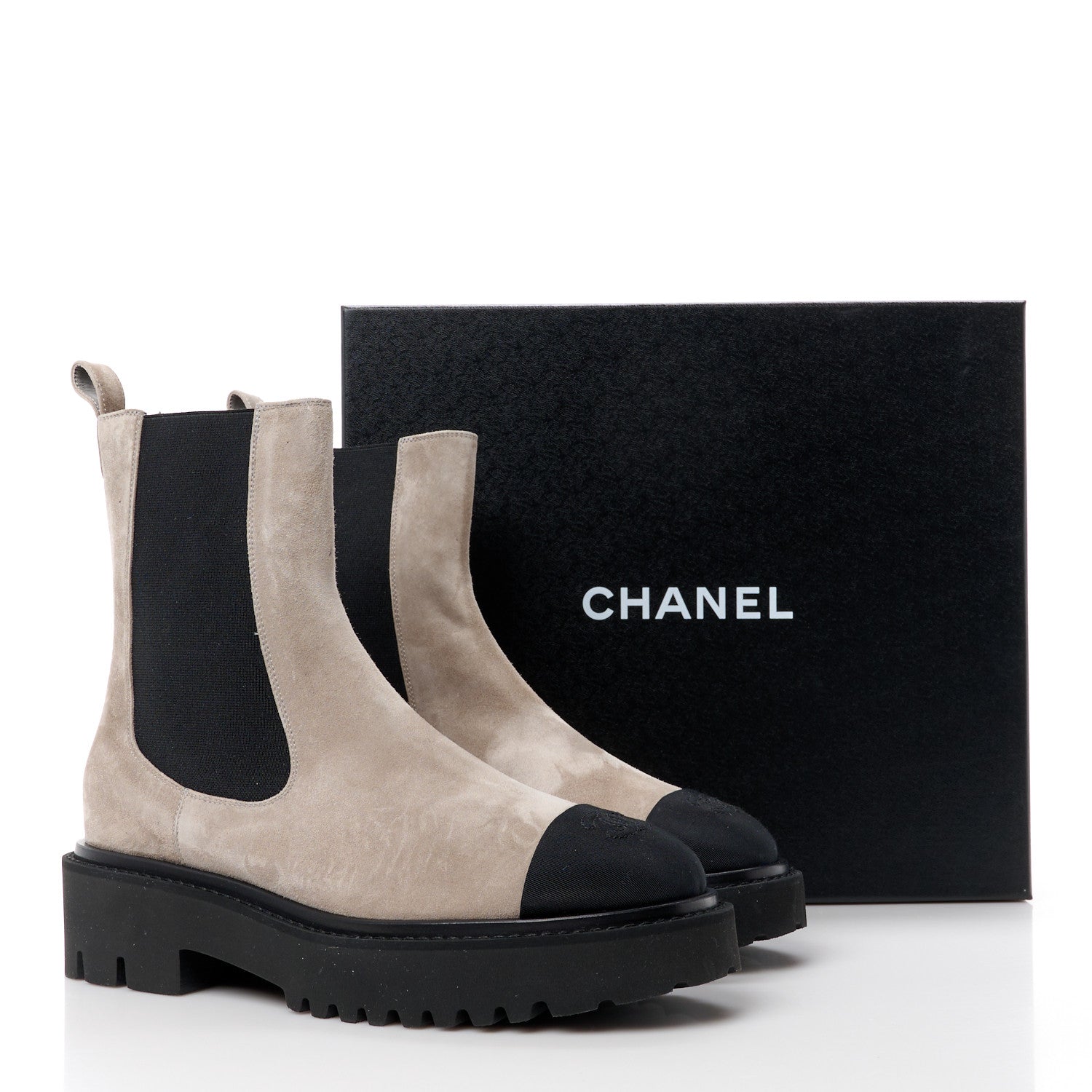 Chanel Suede Calfskin Grosgrain Cap Toe CC Ankle Boots 39.5 Light Grey Black 9 of 9