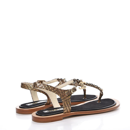 Chanel Fantasy Goatskin Suede CC Chain Thong Sandals 37.5 Gold Black 4 of 9