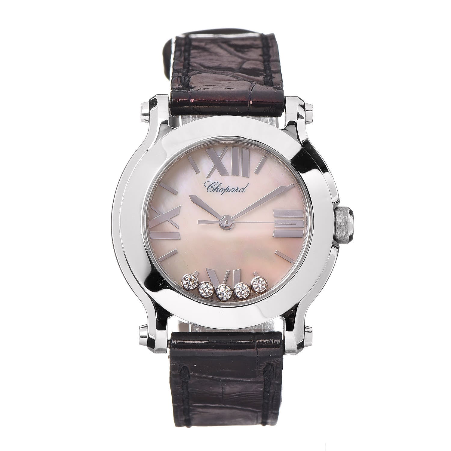 Chopard Stainless Steel Alligator 5 Diamond Pink Mother of Pearl 30mm Happy Sport Quartz Watch 1 of 8