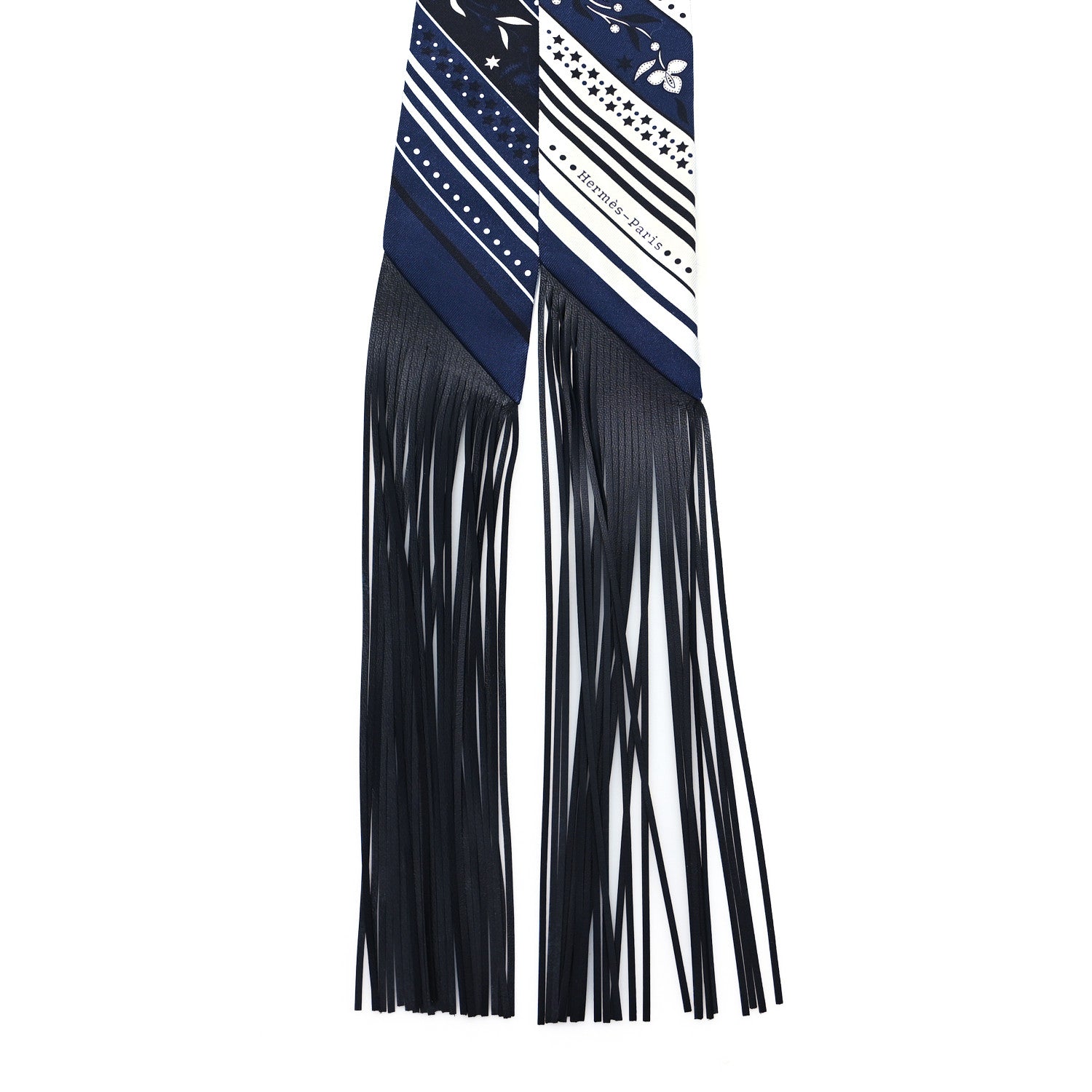 Hermes Silk Festival Des Amazones Bandana Fringed Twilly Bleu Black 2 of 3