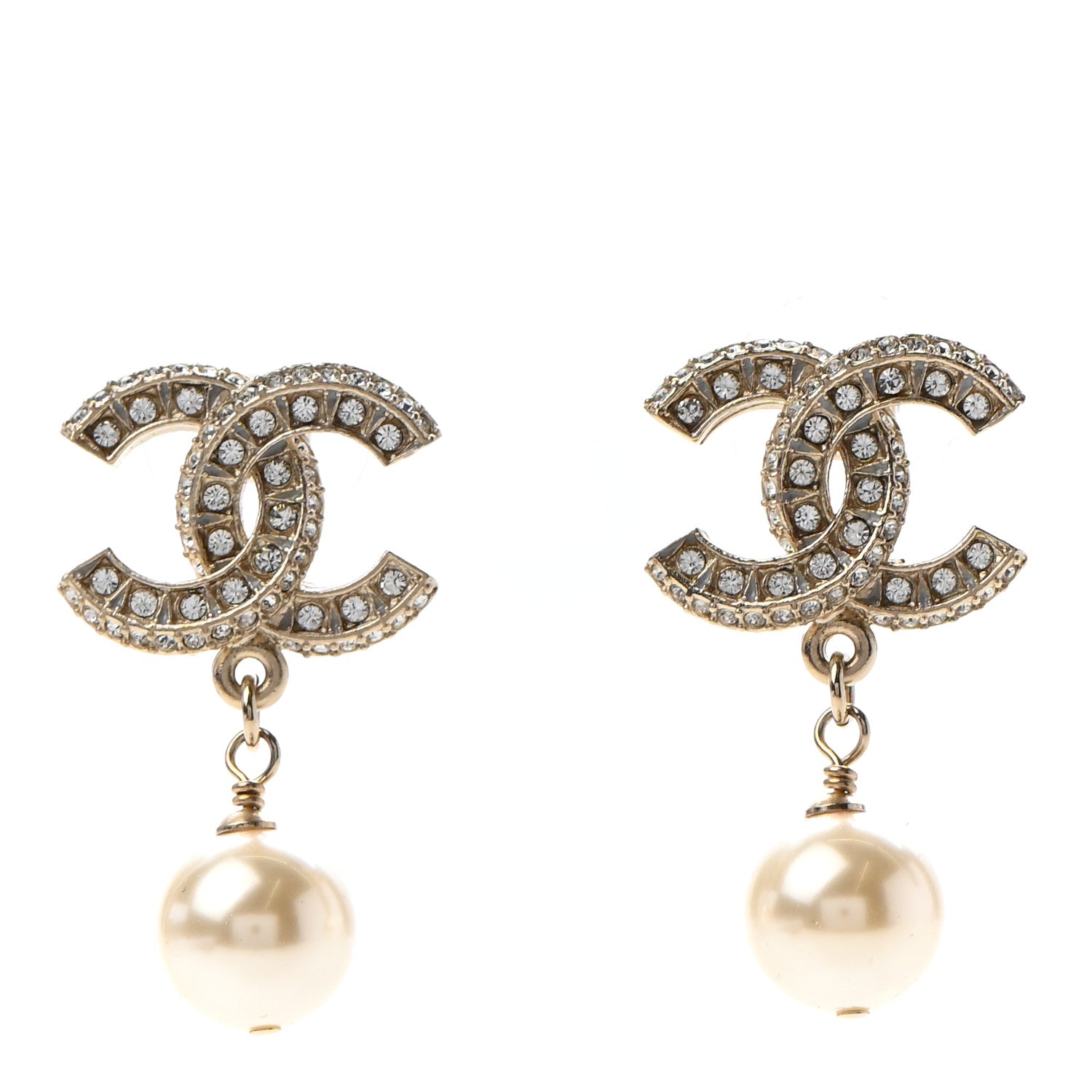 Chanel Crystal Pearl CC Drop Earrings Gold 1 of 4