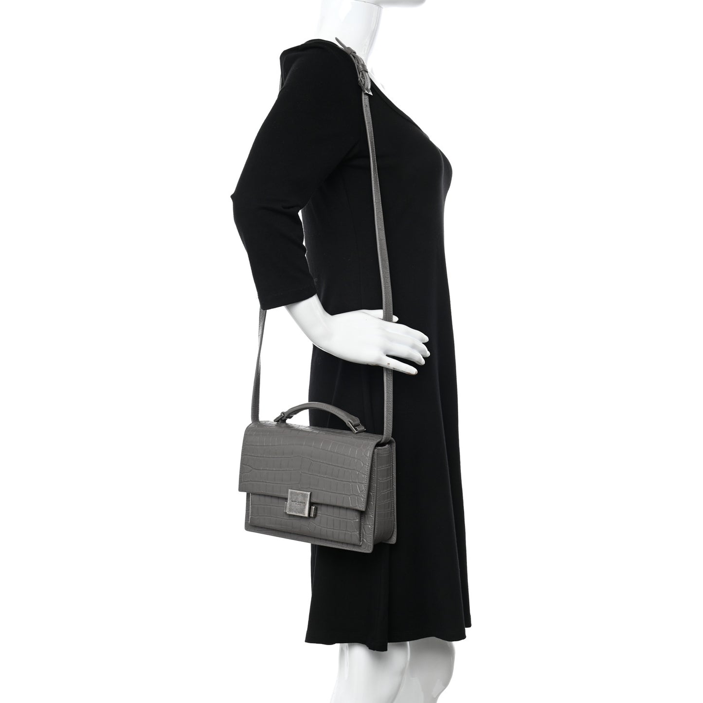 Calfskin Crocodile Embossed Medium Bellechasse Satchel Grey