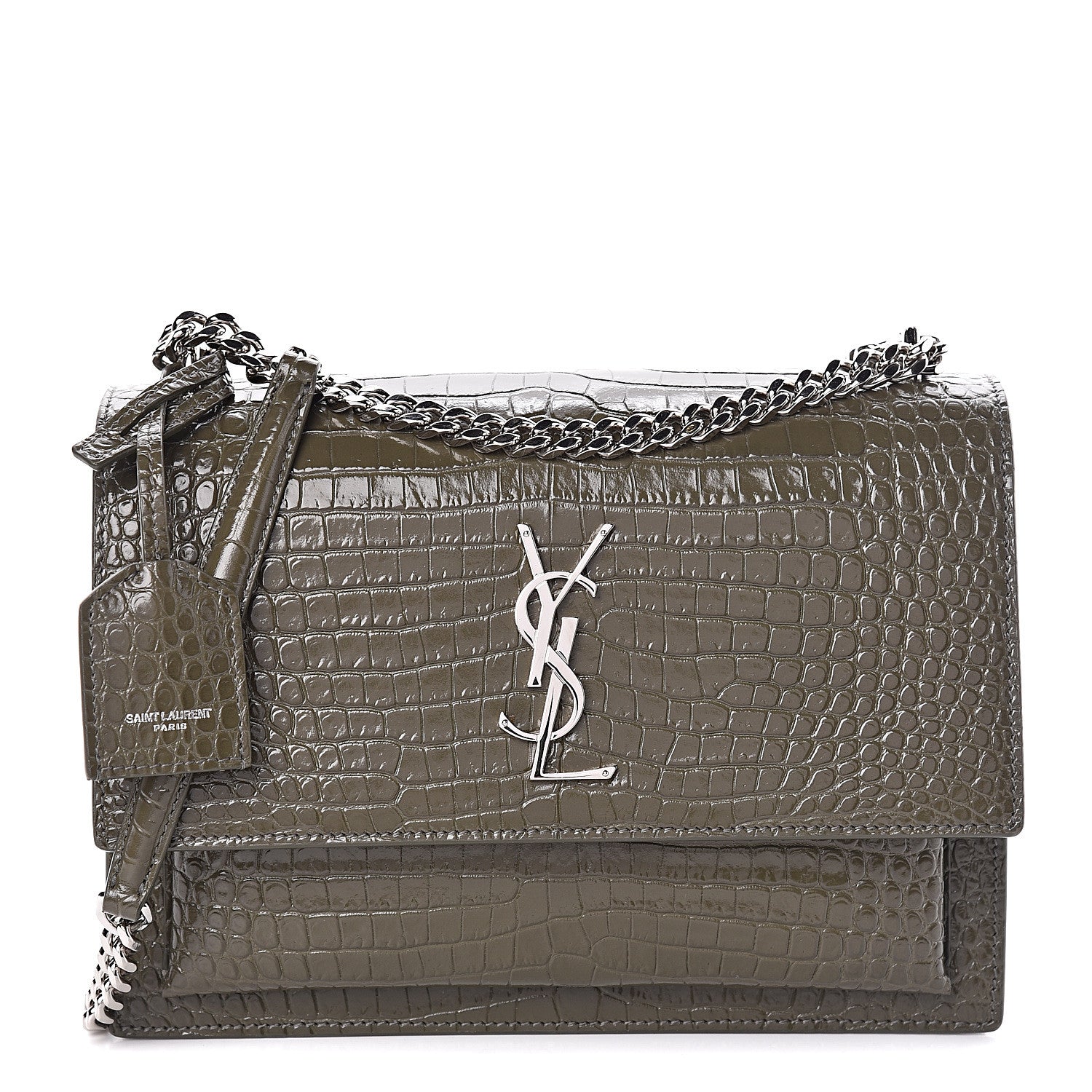 Saint Laurent Calfskin Crocodile Embossed Medium Monogram Sunset Khaki Green 1 of 9