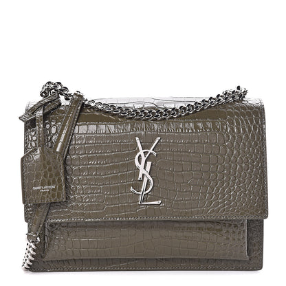 Saint Laurent Calfskin Crocodile Embossed Medium Monogram Sunset Khaki Green 1 of 9