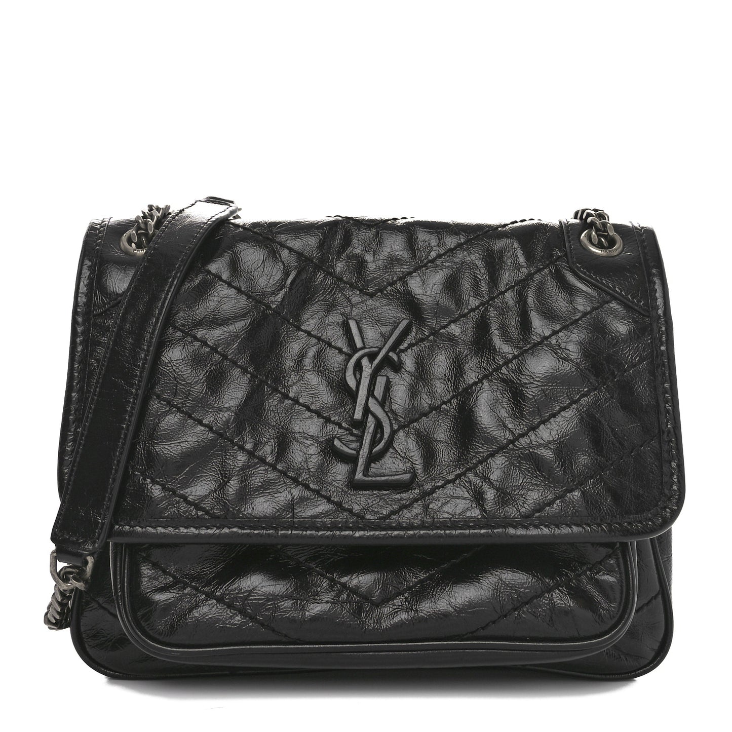 Crinkled Calfskin Matelasse Monogram Baby Niki Chain Satchel Black