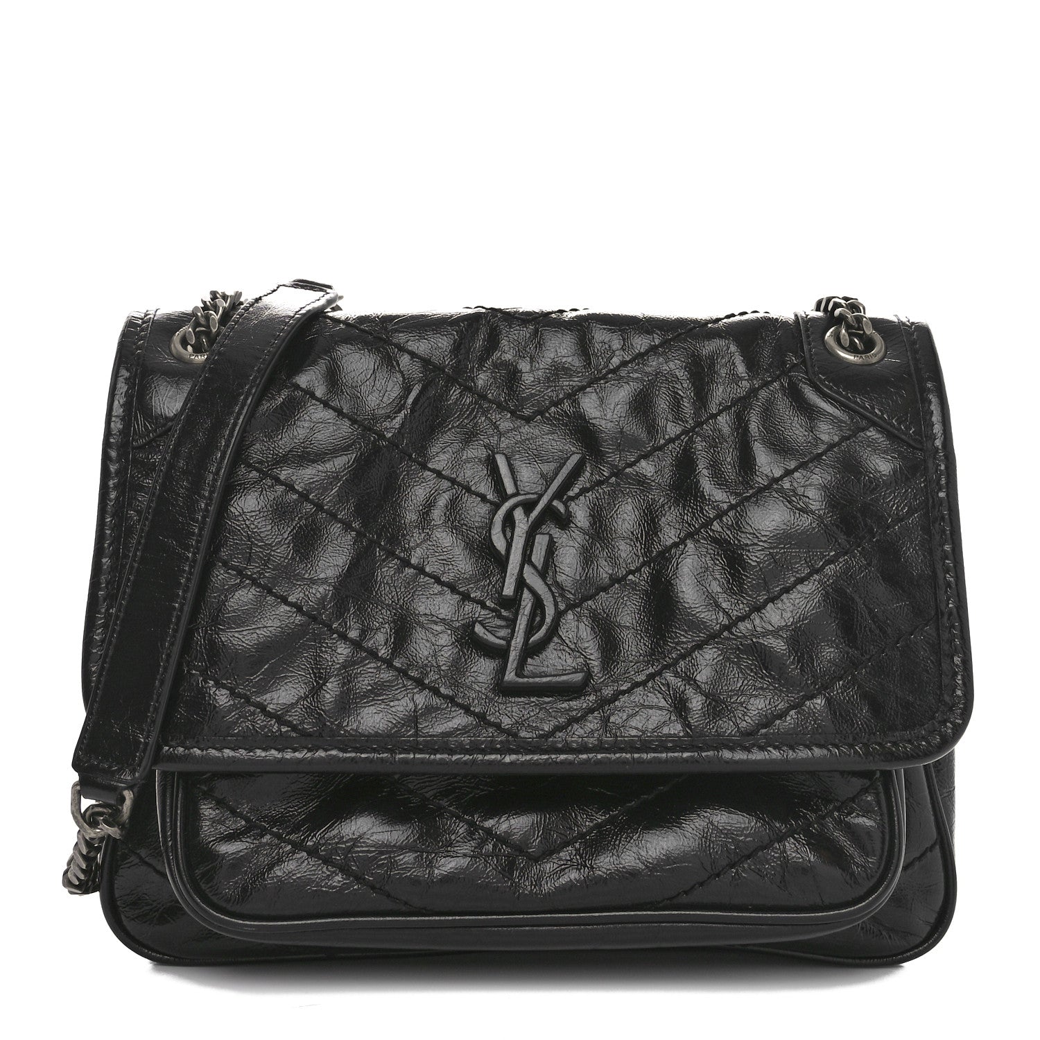 Saint Laurent Crinkled Calfskin Matelasse Monogram Baby Niki Chain Satchel Black 1 of 10