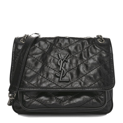 Saint Laurent Crinkled Calfskin Matelasse Monogram Baby Niki Chain Satchel Black 1 of 10
