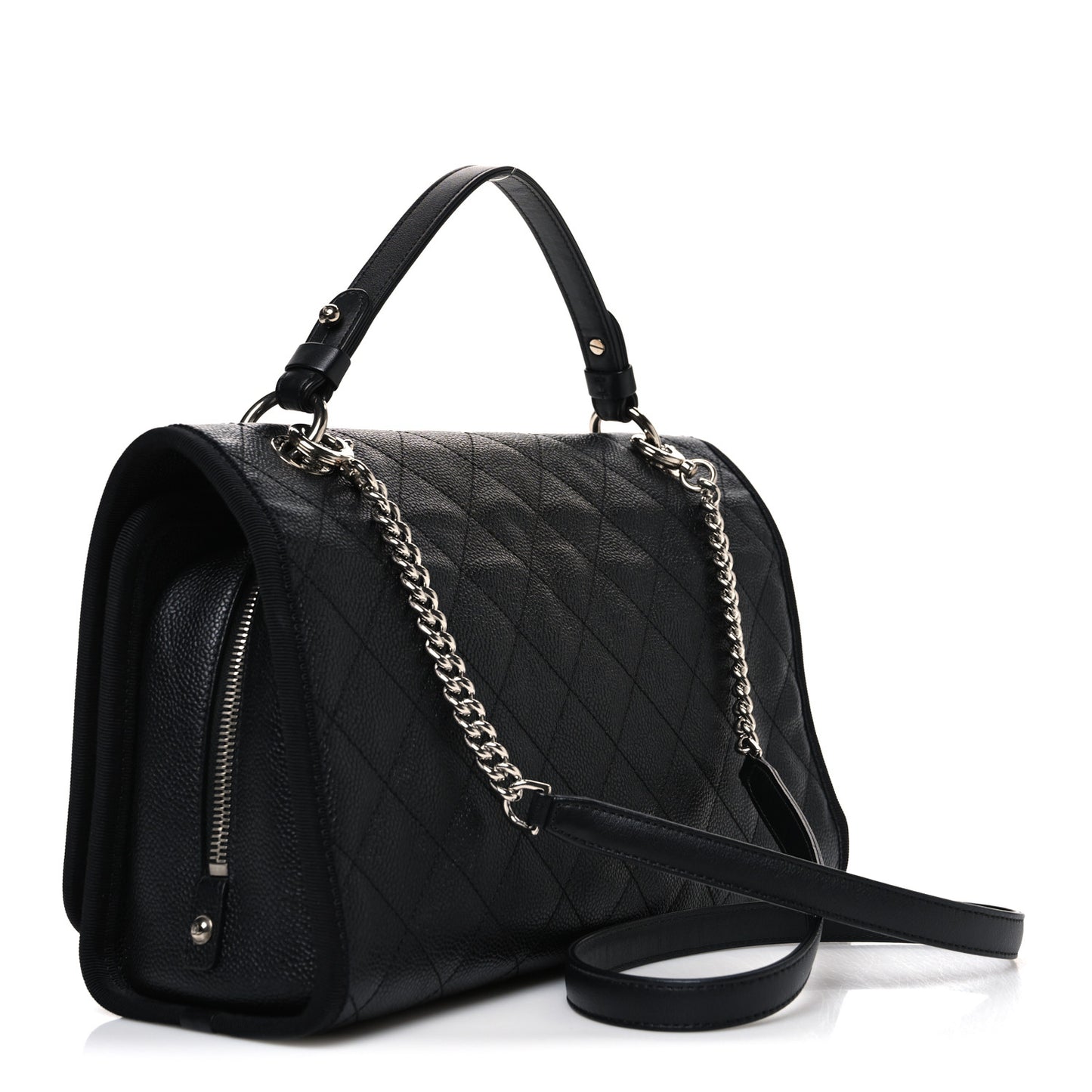 Caviar Grosgrain Quilted Top Handle CC Flap Black