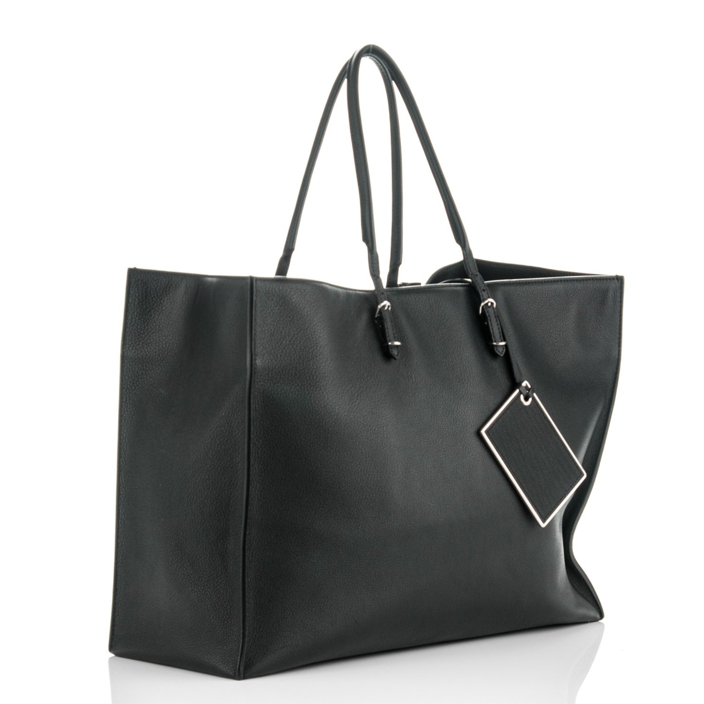 Grained Calfskin Silver Metallic Edge Hardware Papier A4 Tote Black