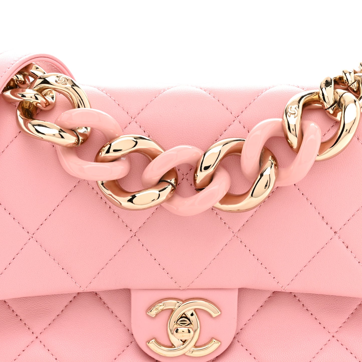Lambskin Quilted Resin Bi-Color Chain Flap Bag Pink