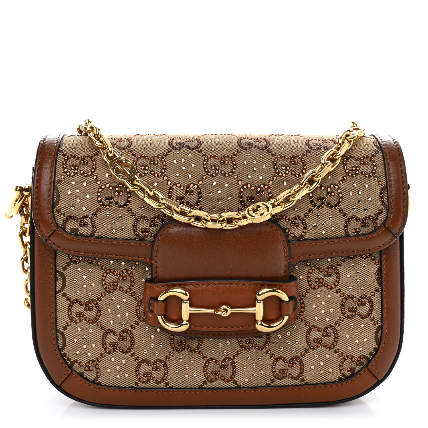 Gucci New Canvas Charisma Calfskin Crystal GG Monogram Mini Horsebit 1955 Shoulder Bag Camel Ebony 1 of 12