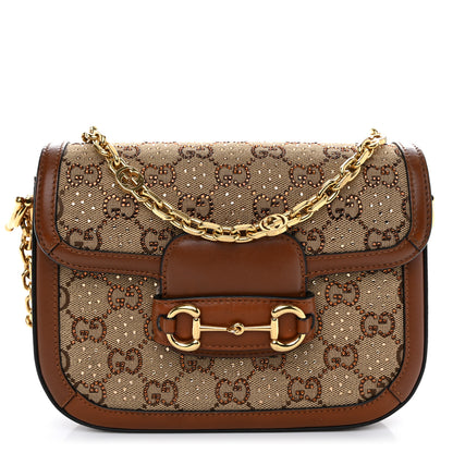 Gucci New Canvas Charisma Calfskin Crystal GG Monogram Mini Horsebit 1955 Shoulder Bag Camel Ebony 1 of 12