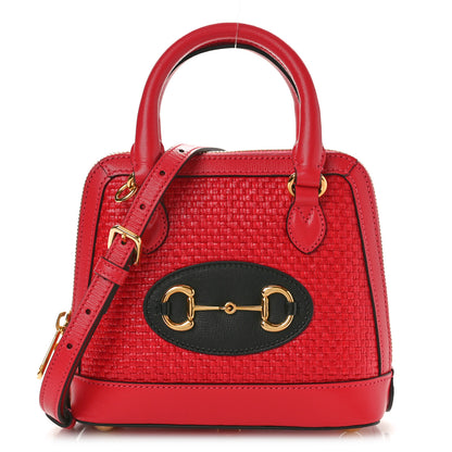 Gucci Straw Azalea Calfskin Woven Mini Horsebit 1955 Top Handle Bag Coral Wave Black 1 of 10