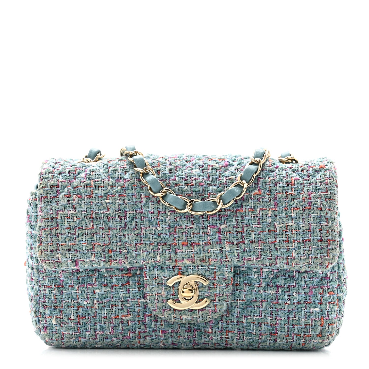 Chanel Tweed Quilted Mini Rectangular Flap Turquoise Purple White Red 1 of 12