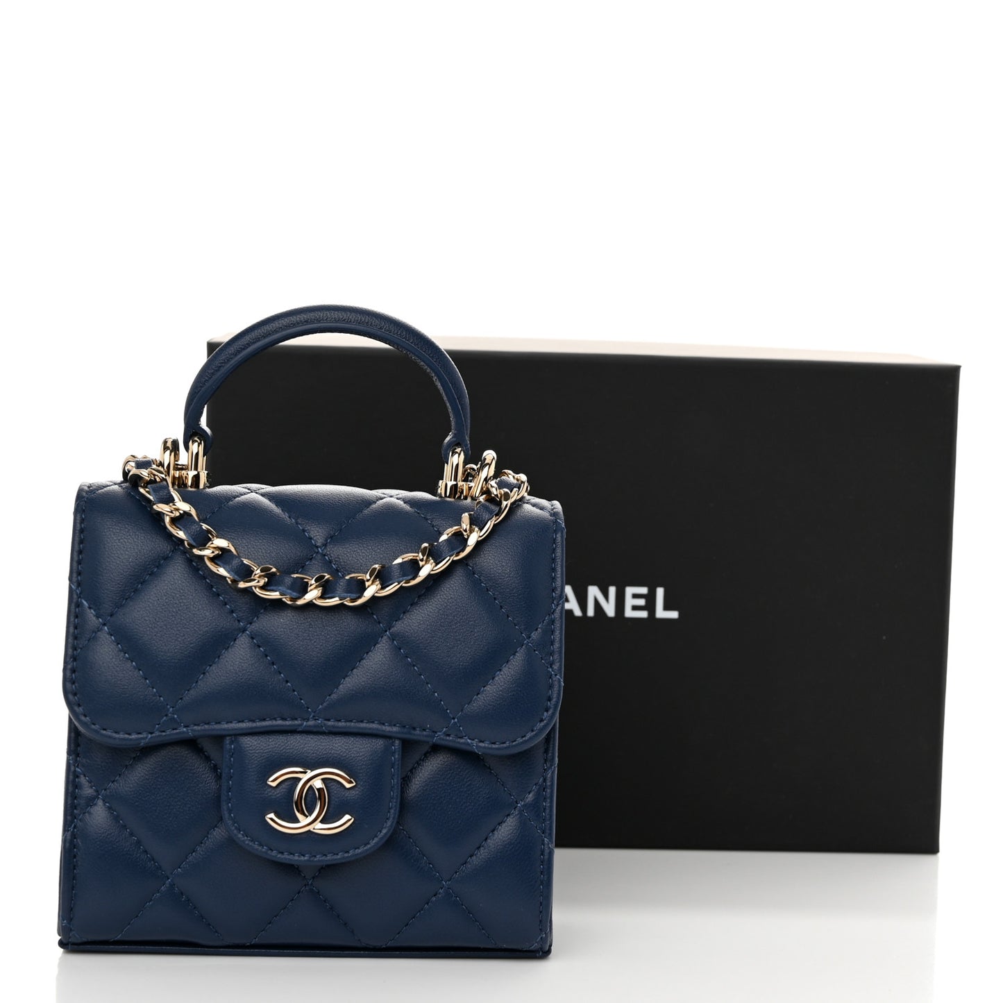 Lambskin Quilted Top Handle Clutch With Chain Blue