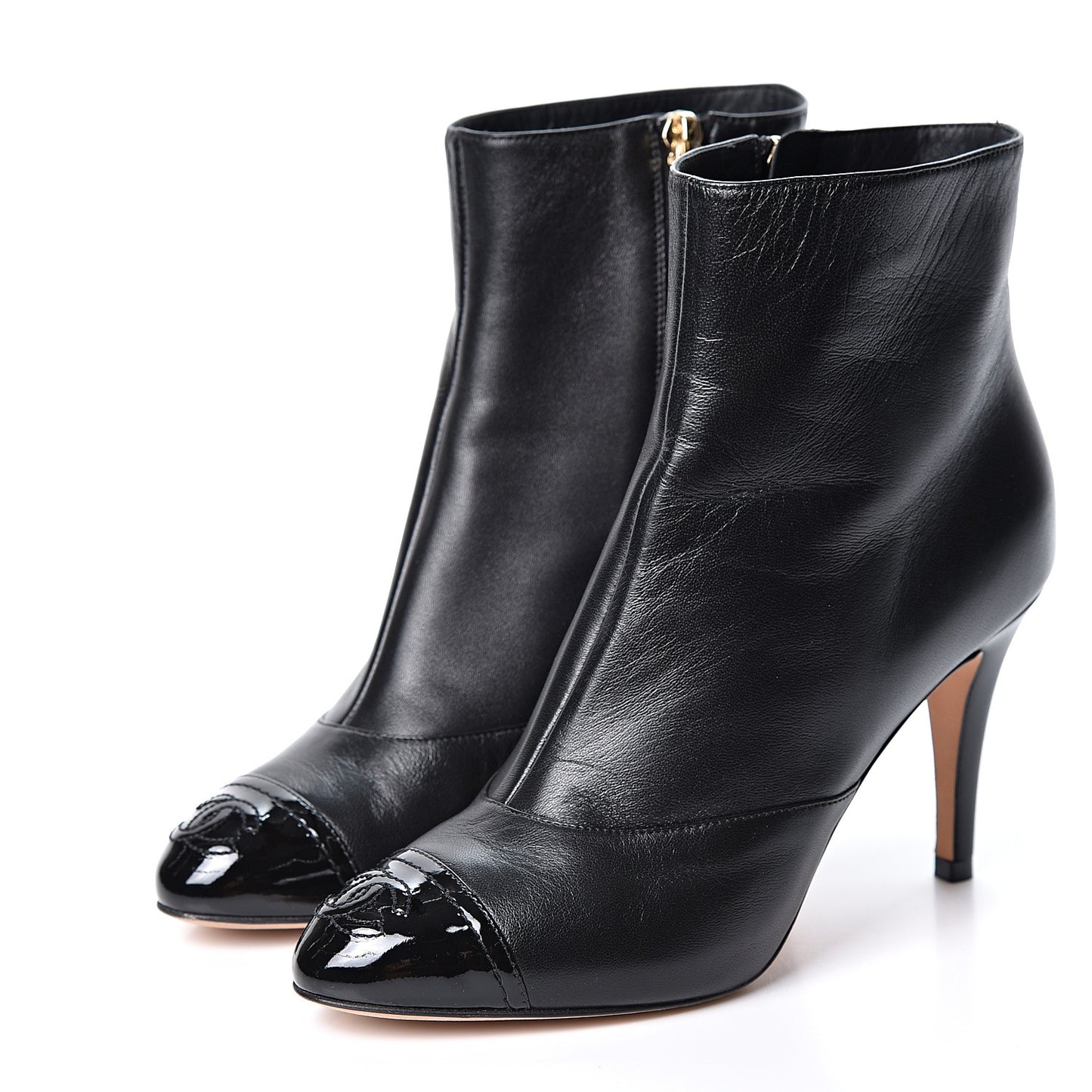 Lambskin Patent Cap Toe Short Ankle Boots 35.5 Black
