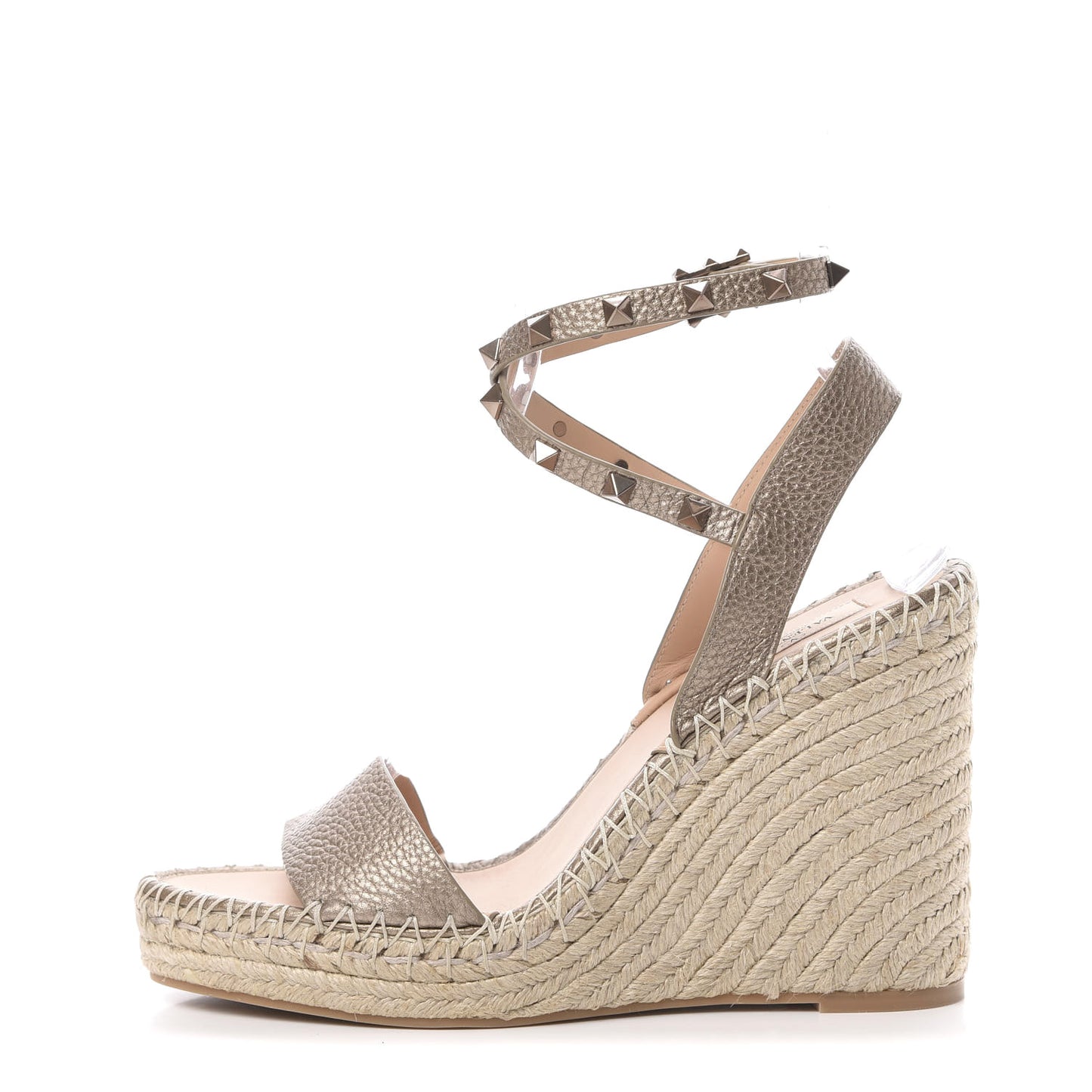 Metallic Grained Calfskin Rockstud Crisscross Ankle Strap Espadrille Wedge Sandals 41 Skin Natural