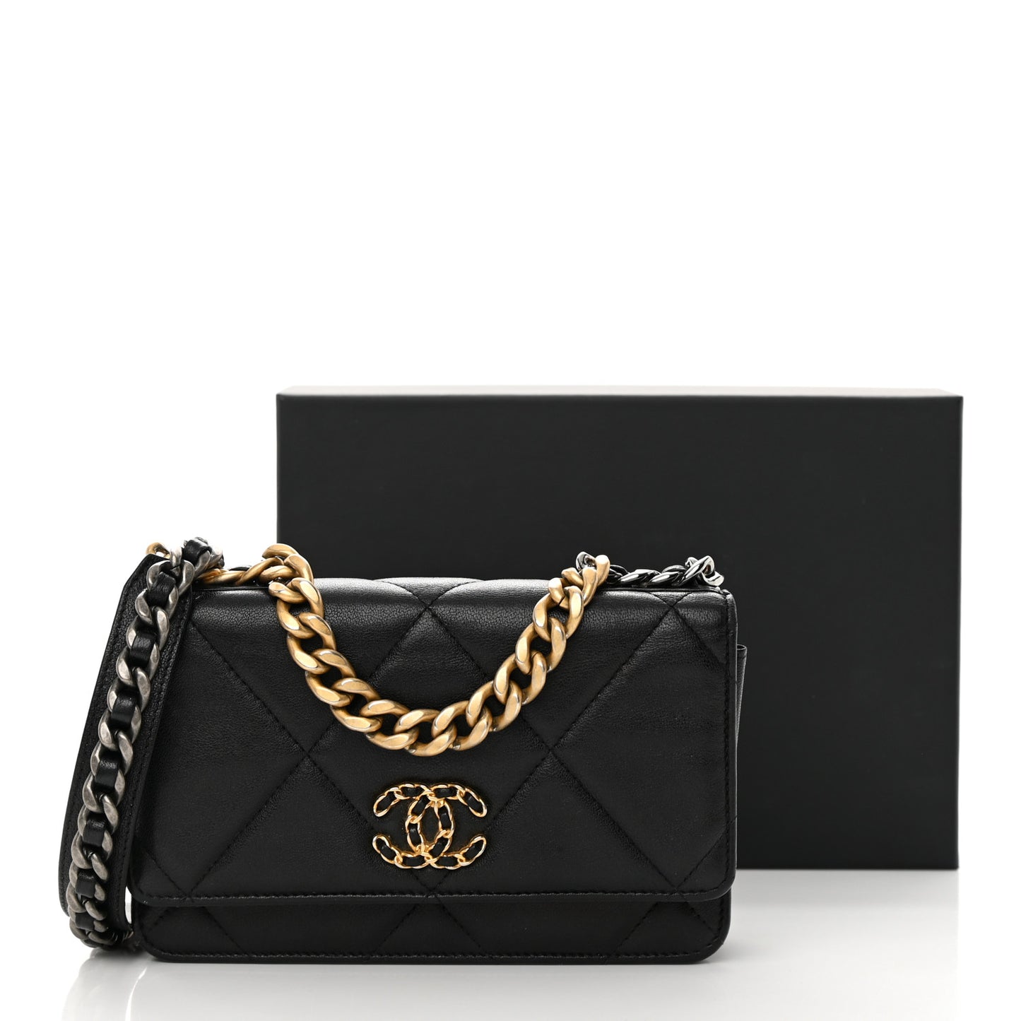Shiny Goatskin Quilted Chanel 19 Wallet On Chain WOC Black