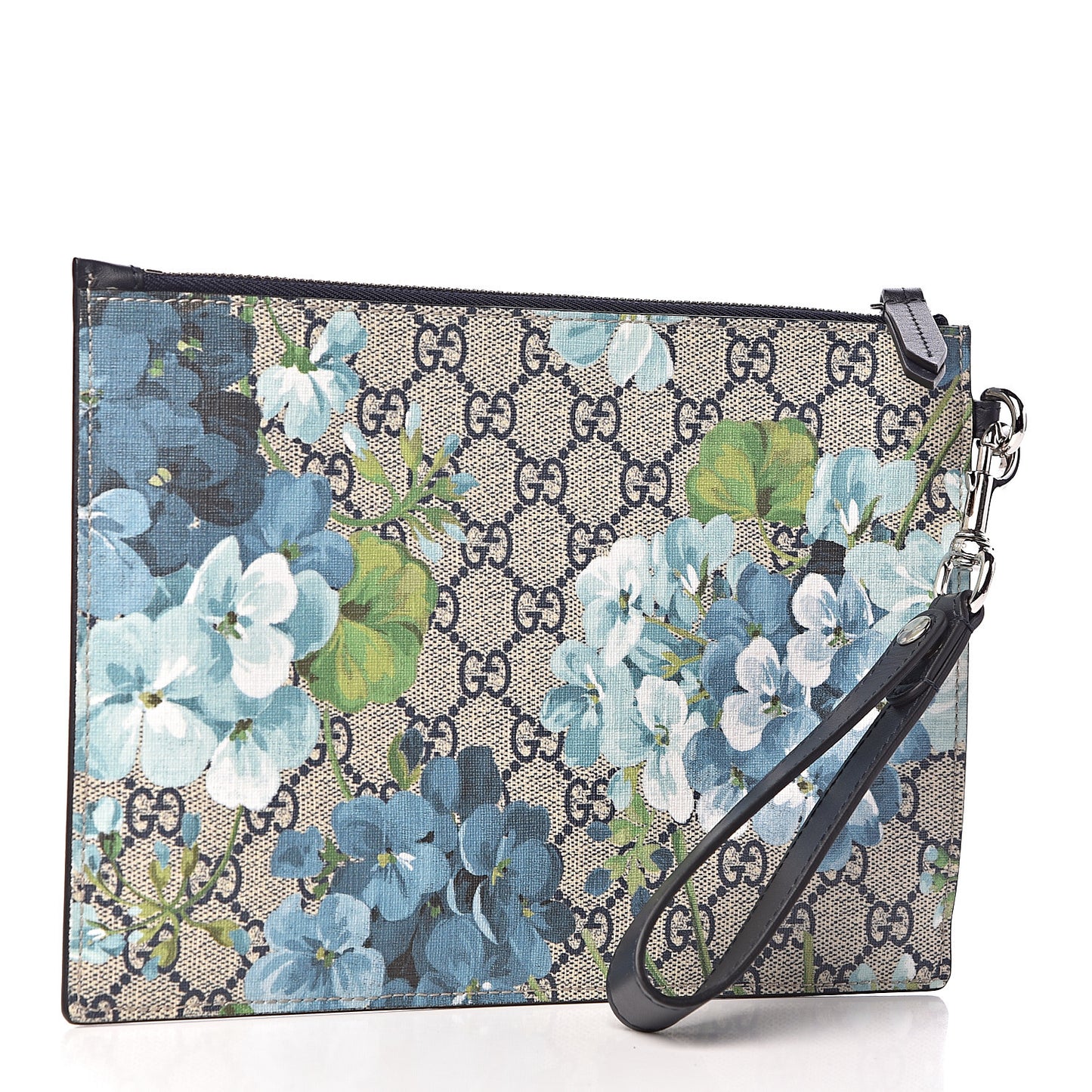 GG Supreme Monogram Blooms Small Zip Wristlet Pouch Beige Blue Black